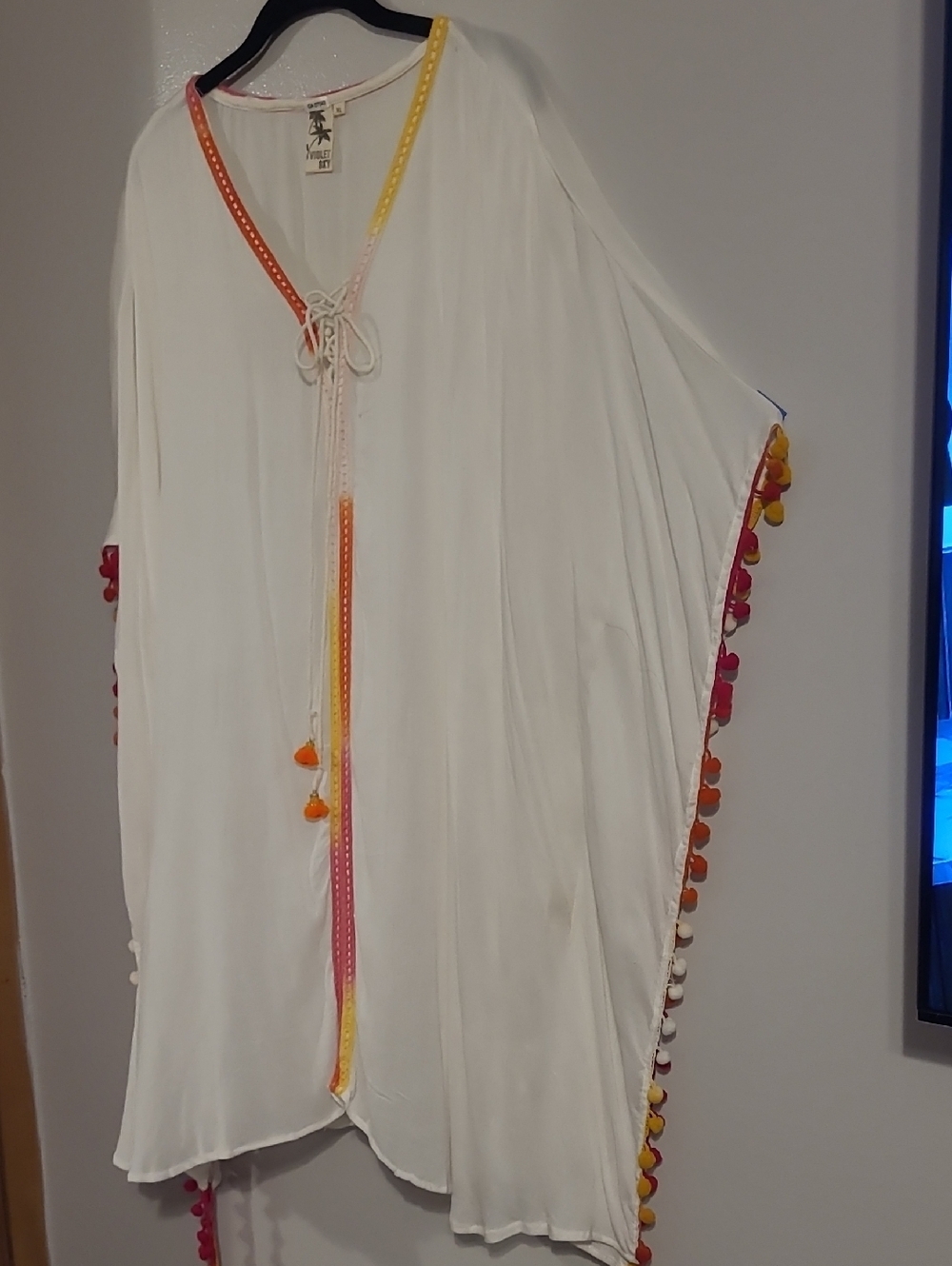 Violet Sky White Kaftan Kimono Beach Swimsuit Cover-up Colorful PomPoms XL - Picture 6 of 12